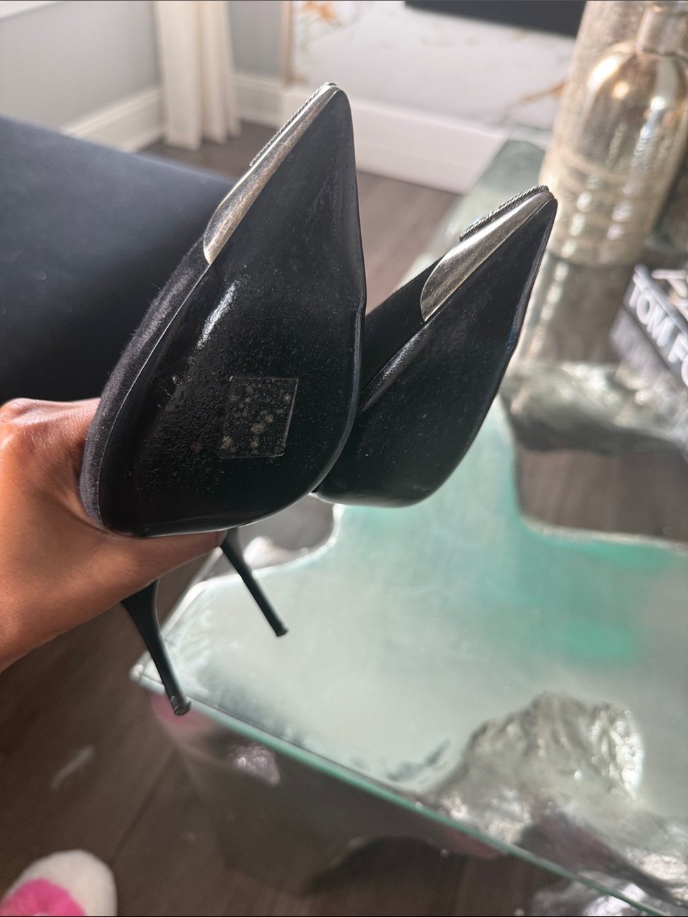 Saint Laurent Black Cashmere Pointed Toe Pump with Turquoise Accent Stone - Picture 7 of 12